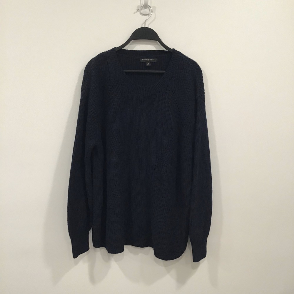 Banana Republic Sweater Womens Medium Navy Blue Shaker Stitch Knit Cotton Mix